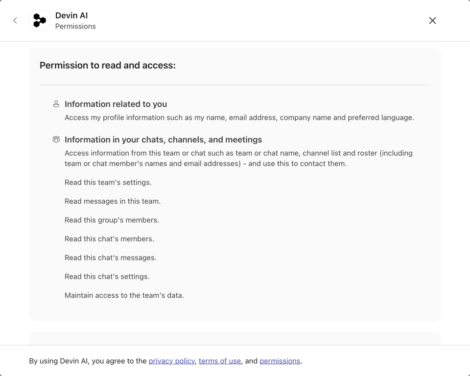 Microsoft Teams permissions dialog showing Devin’s scoped read access
