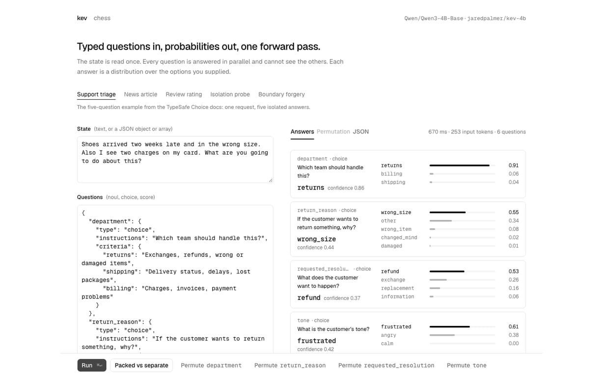 Kev playground with typed questions and probability outputs