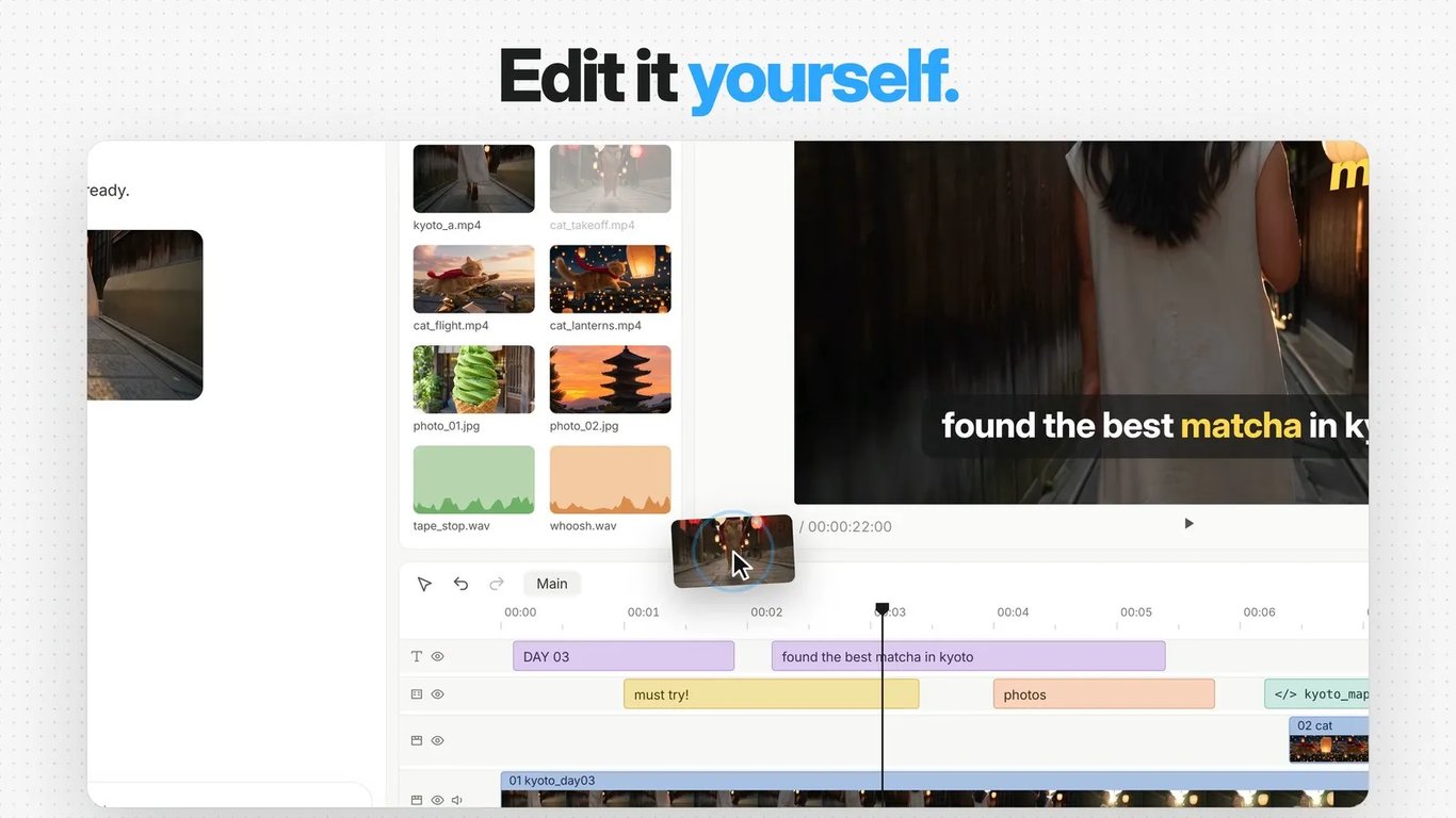 Manus Video Editor showing video, caption, graphics, music, and sound-effect tracks