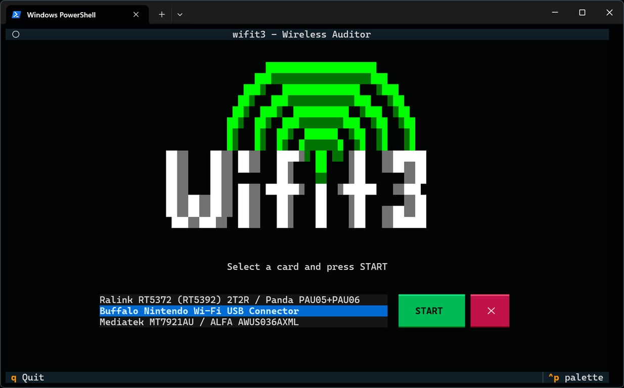 wifit3 splash screen showing the wireless adapter picker