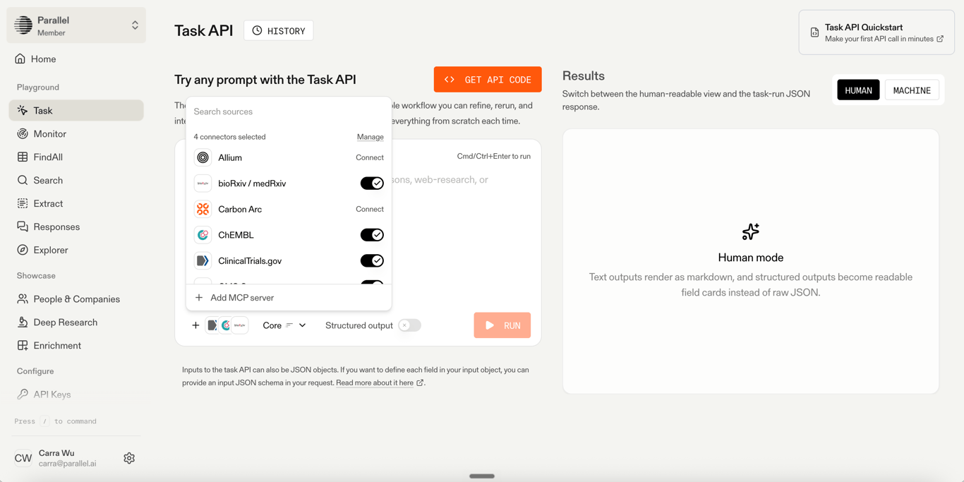 Parallel Task API playground showing controls for connected data sources