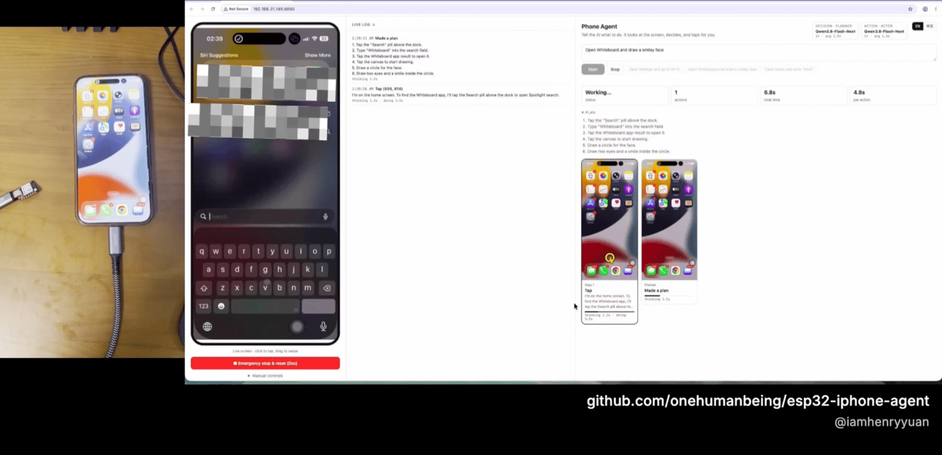 XIAO ESP32-S3 connected to an iPhone beside the agent’s web interface