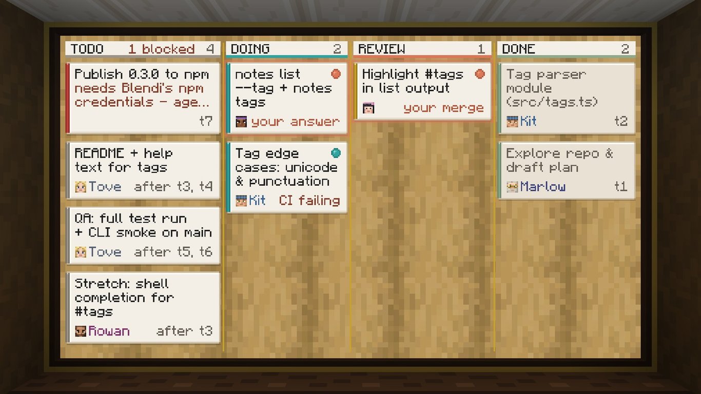 Kanban task wall inside the AgentCraft Minecraft studio