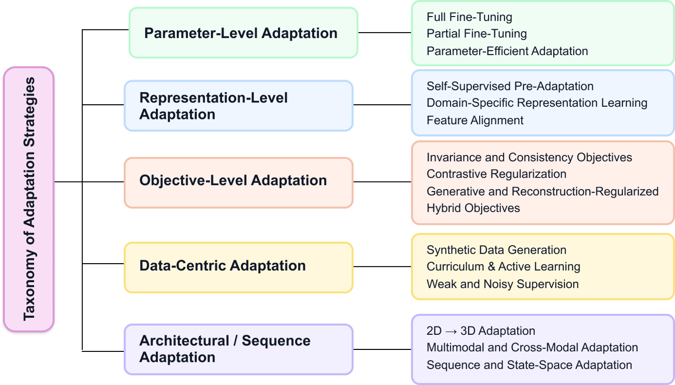 Taxonomy dividing foundation-model adaptation into five mechanisms