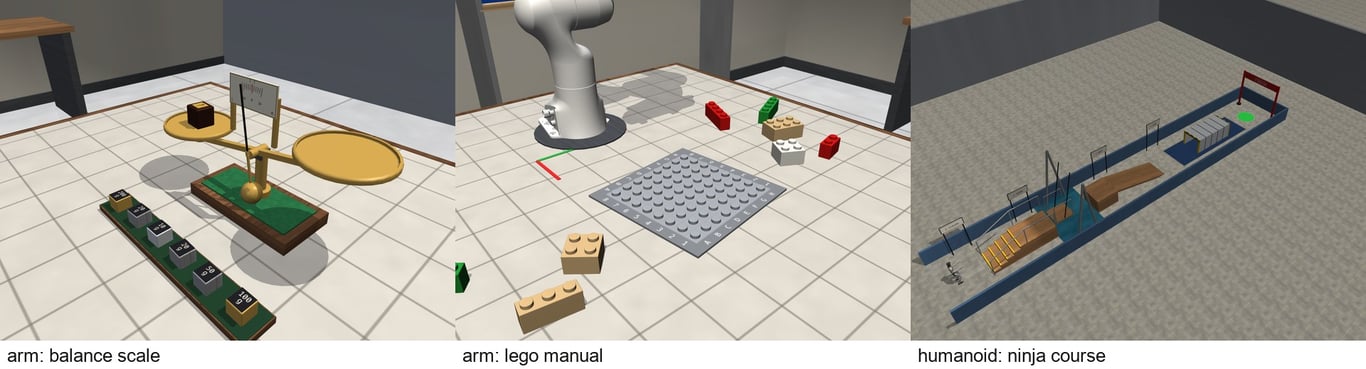 Balance scale, Lego manual, and ninja course tasks