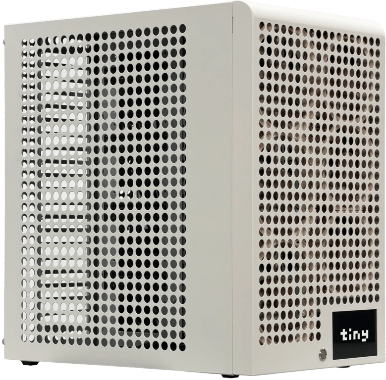 Three-quarter view of the configurable tinybox chassis
