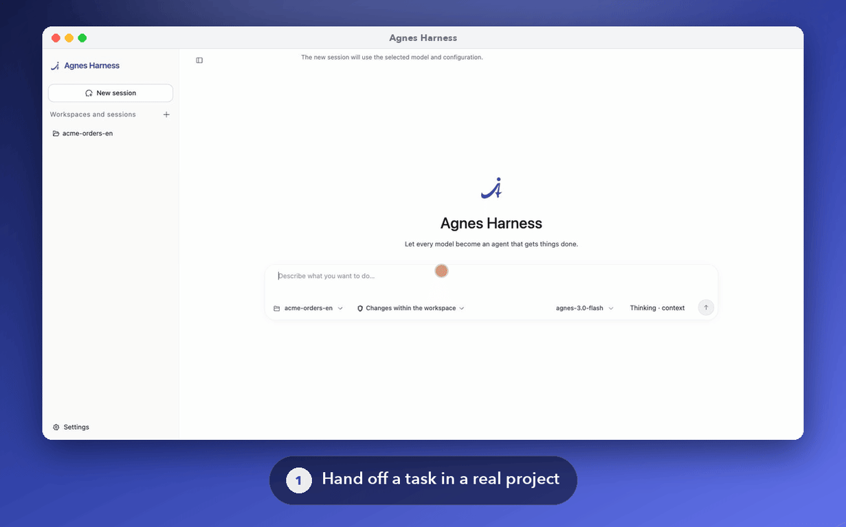Agnes Harness web workbench showing an agent task