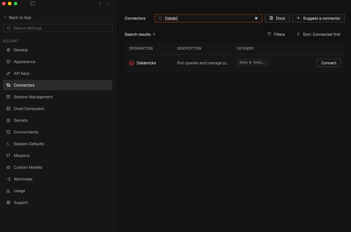Databricks connector displayed in Factory settings