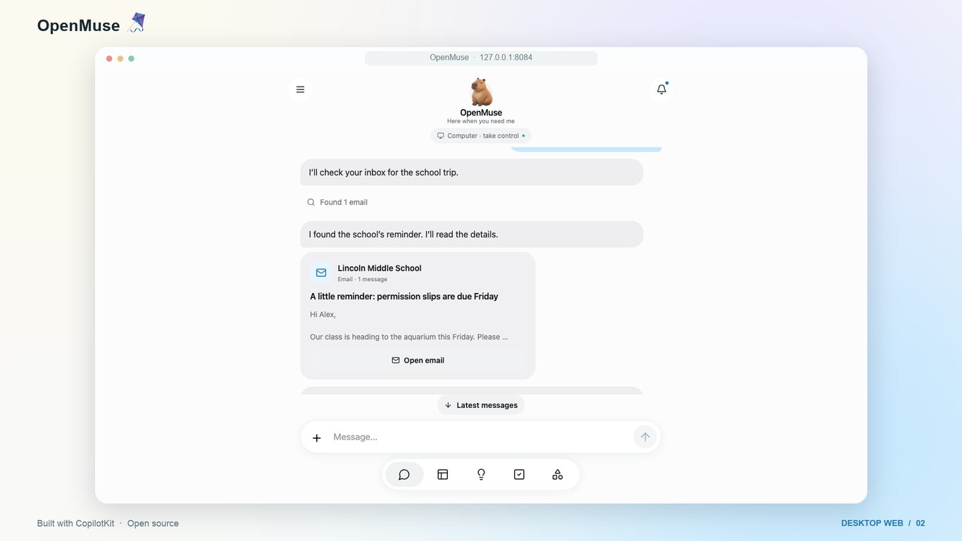 OpenMuse desktop interface showing an email task for a school trip permission slip