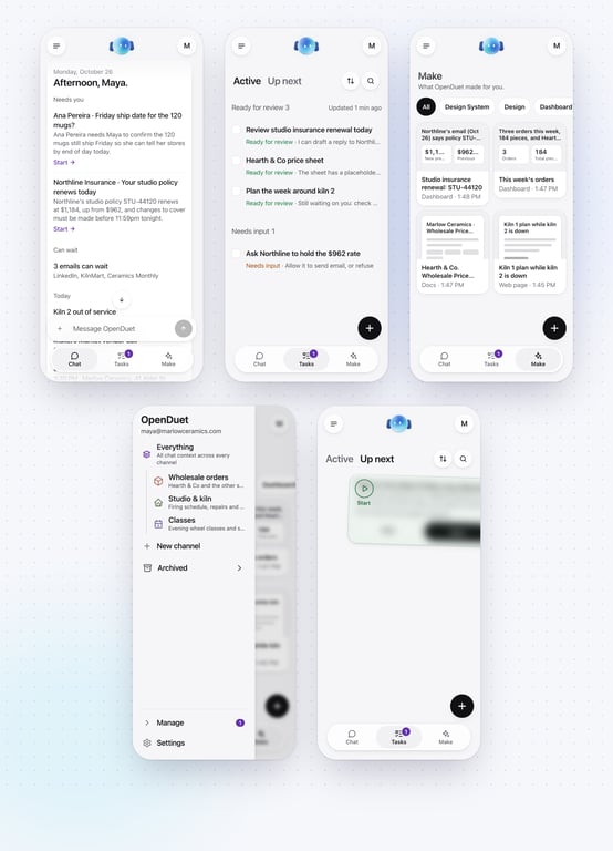OpenDuet screens showing task management, dashboards, and channel navigation