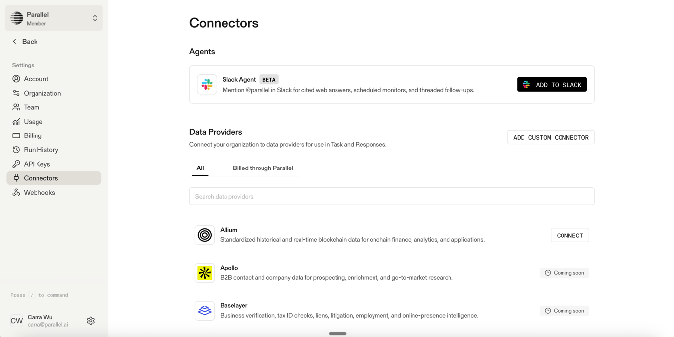 Parallel Data Connectors settings page listing available providers