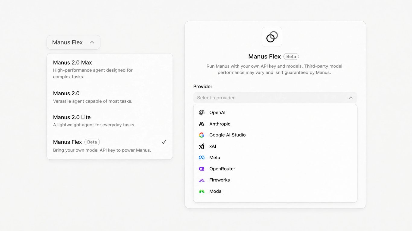 Manus Flex selector listing model and provider options from OpenAI, Anthropic, Google, xAI, Meta, OpenRouter, Fireworks, and Modal