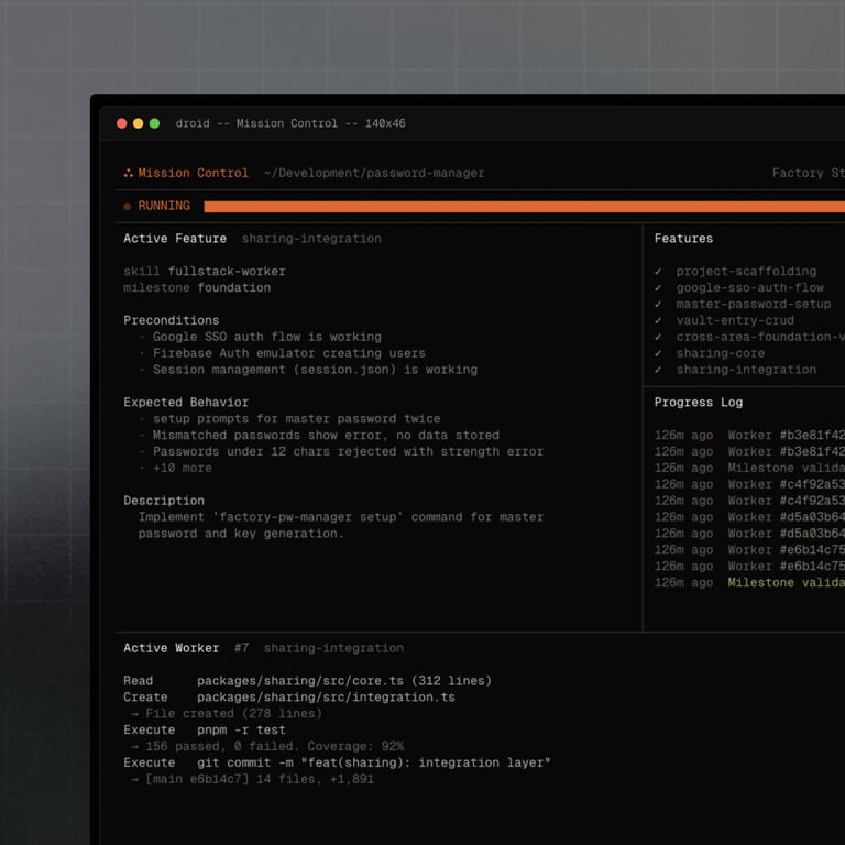 Factory Mission Control dashboard showing a running Droid task