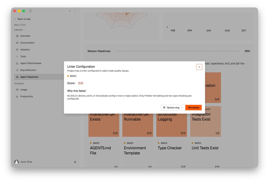 Factory Agent Readiness dashboard showing a repository’s linter configuration score