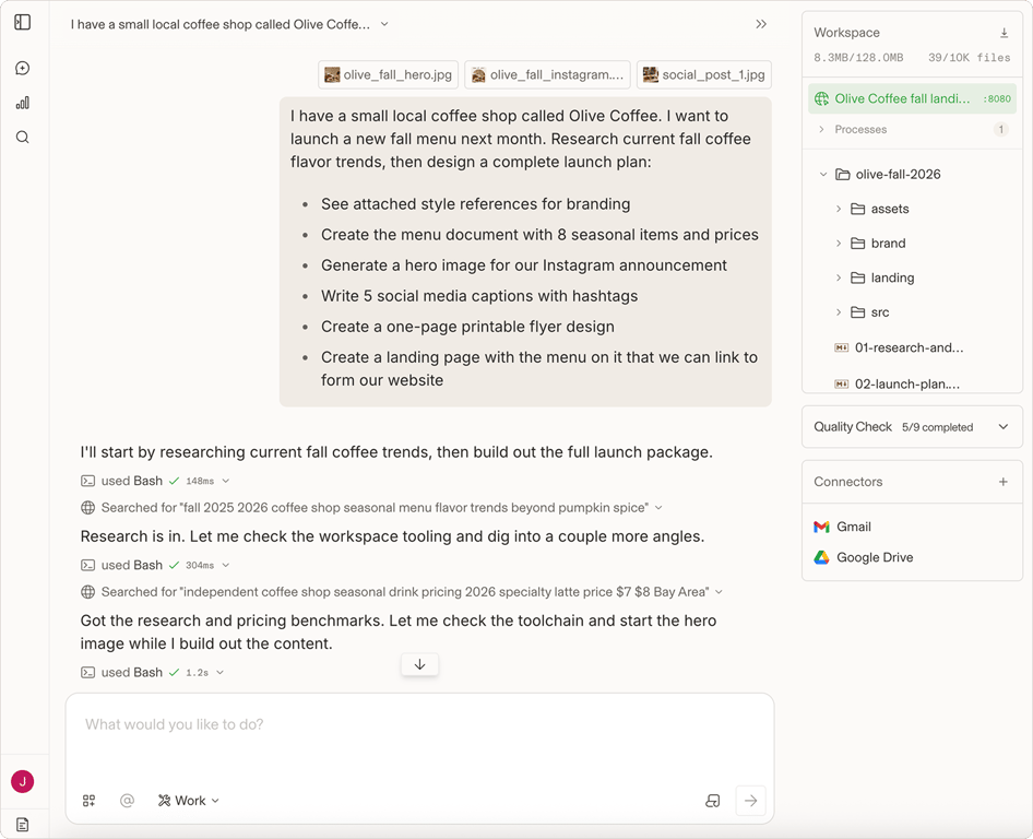 Agent Mode workspace with Gmail and Google Drive connected