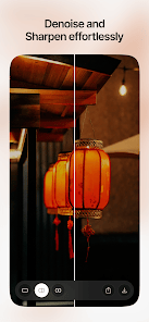 Topaz mobile app showing denoise and sharpen controls