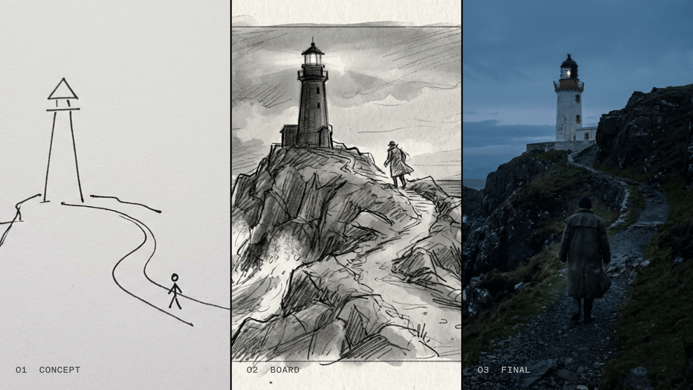 App workflow progressing from a concept sketch to a storyboard and final lighthouse image