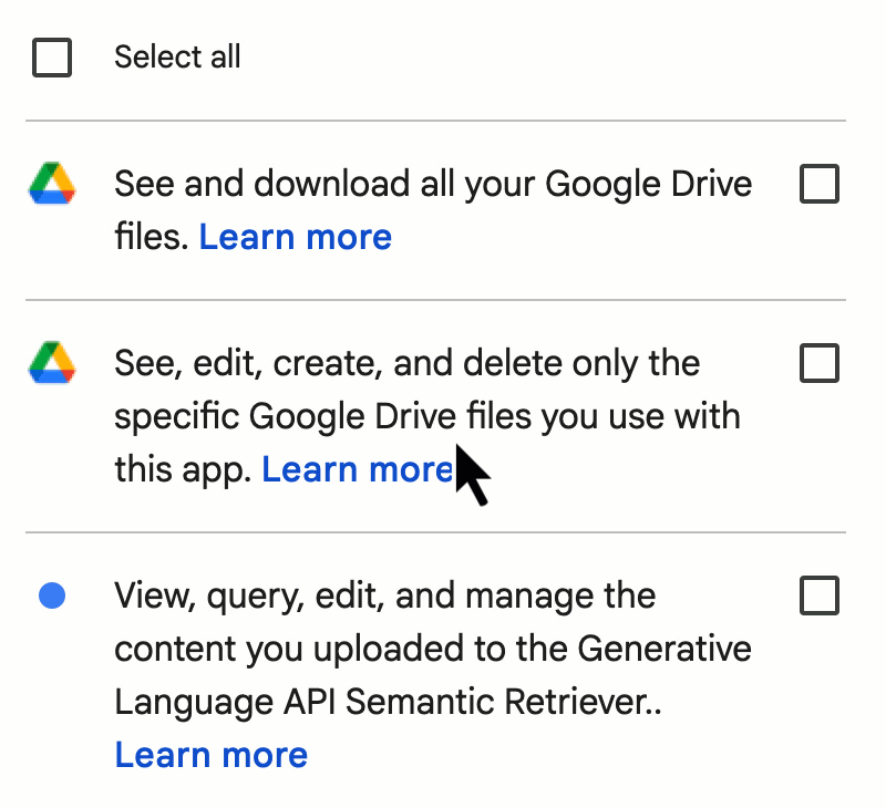 Opal sign-in dialog showing requested Google Drive access scopes