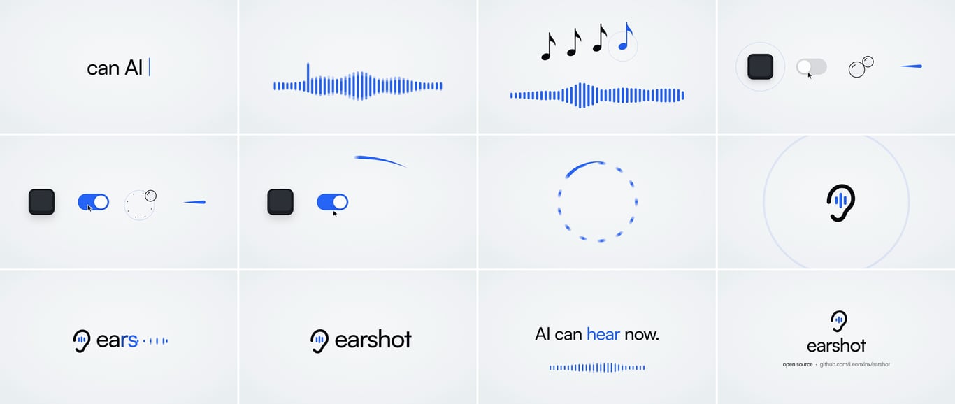 Earshot launch film frames with waveforms, interface elements, and timing markers
