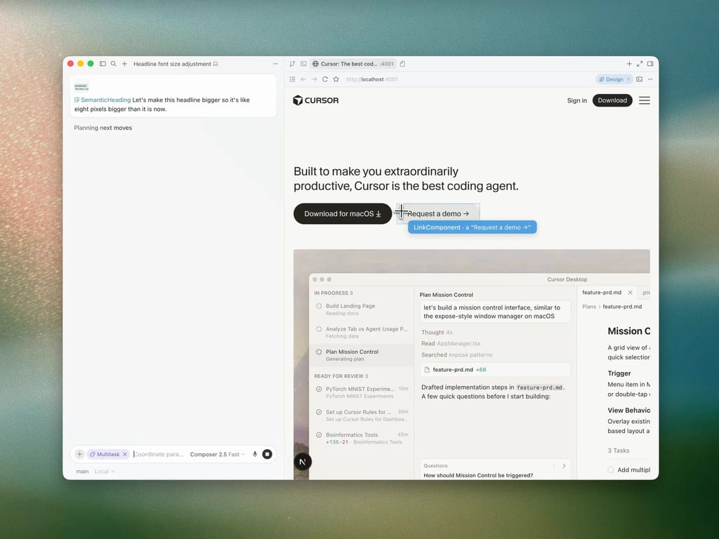 Cursor browser preview with a headline font-size task queued in the agent sidebar