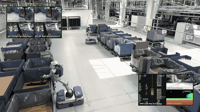Sensor simulation of a mobile robot navigating a virtual factory with camera and sensor feeds