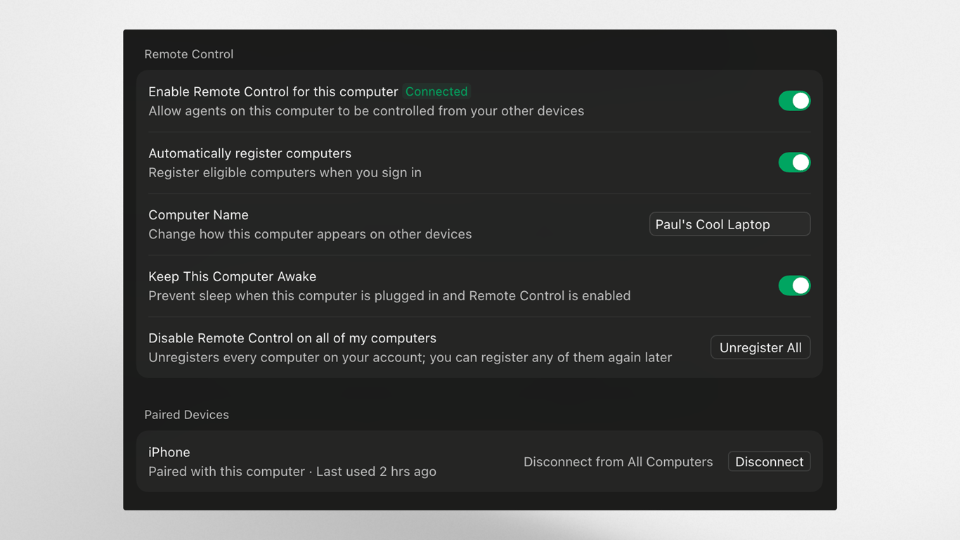 Cursor Remote Control settings showing a paired iPhone