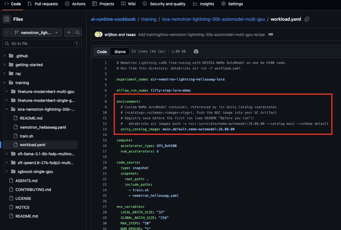 GitHub repository showing a YAML configuration file for a NeMo Lightning LoRA fine-tuning recipe
