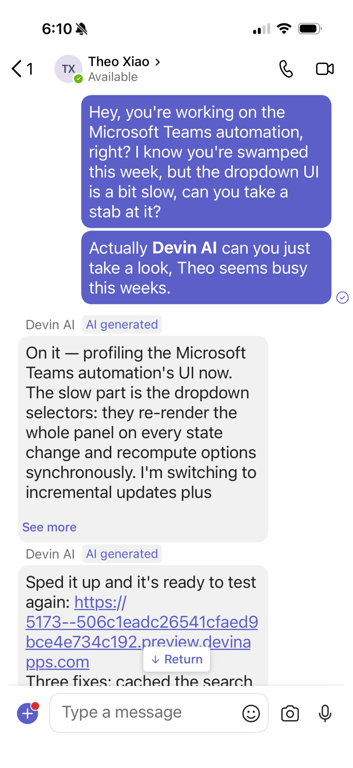 Devin replying to a direct message in Microsoft Teams with a session preview link