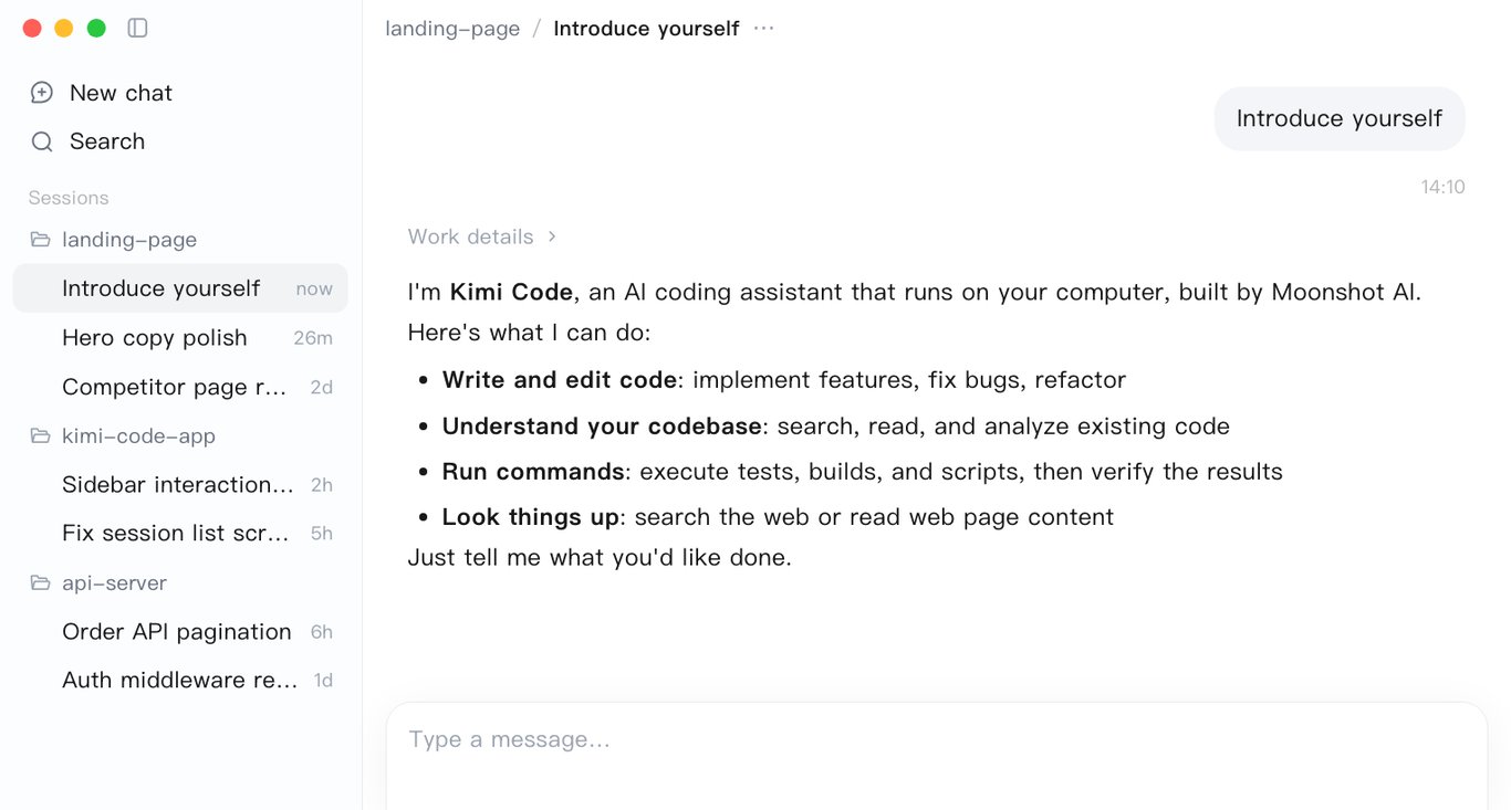 Kimi Code Desktop showing a project, agent conversation, and browser panel