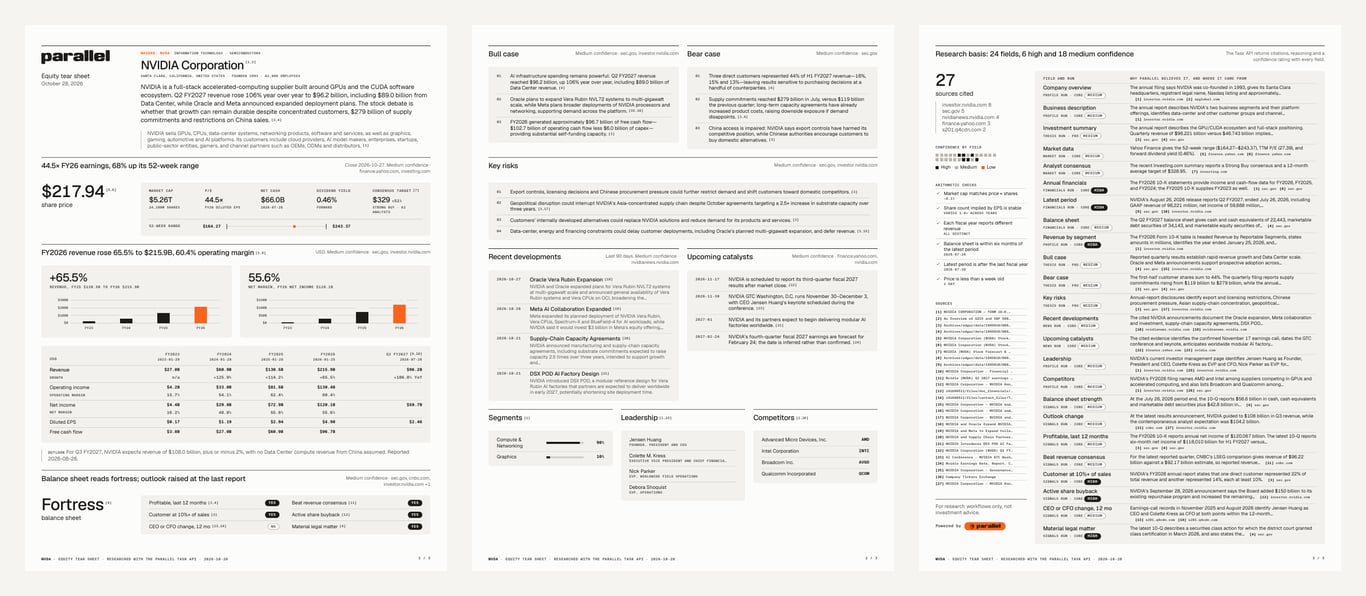 NVIDIA tear sheet with an investment summary, financials, bull and bear cases, and cited sources