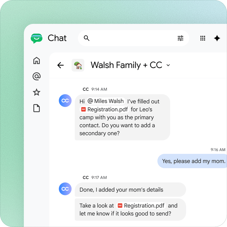 CC chat interface showing a camp registration conversation with PDF attachments