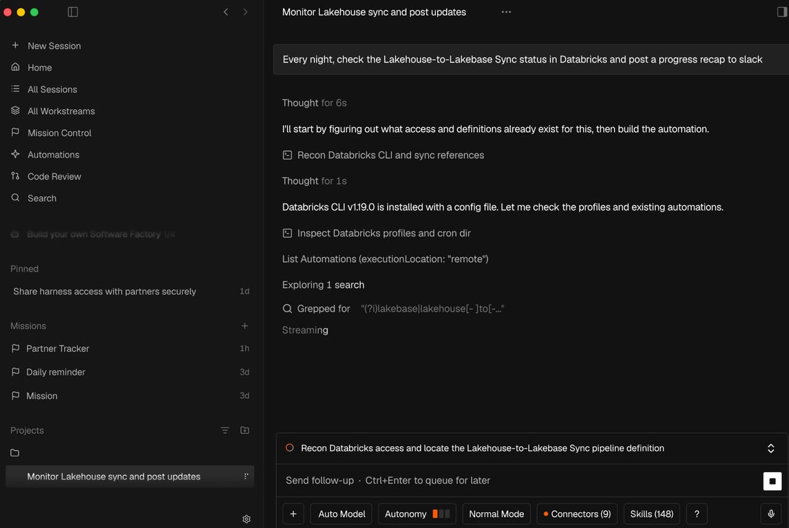 Factory Droid creating a nightly Databricks Lakehouse synchronization workflow