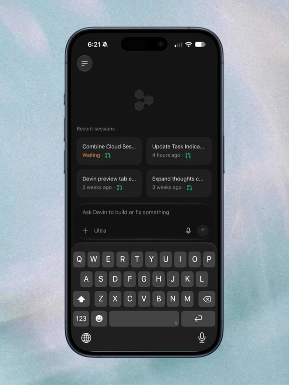 Devin Mobile showing recent coding sessions and task cards on an iPhone
