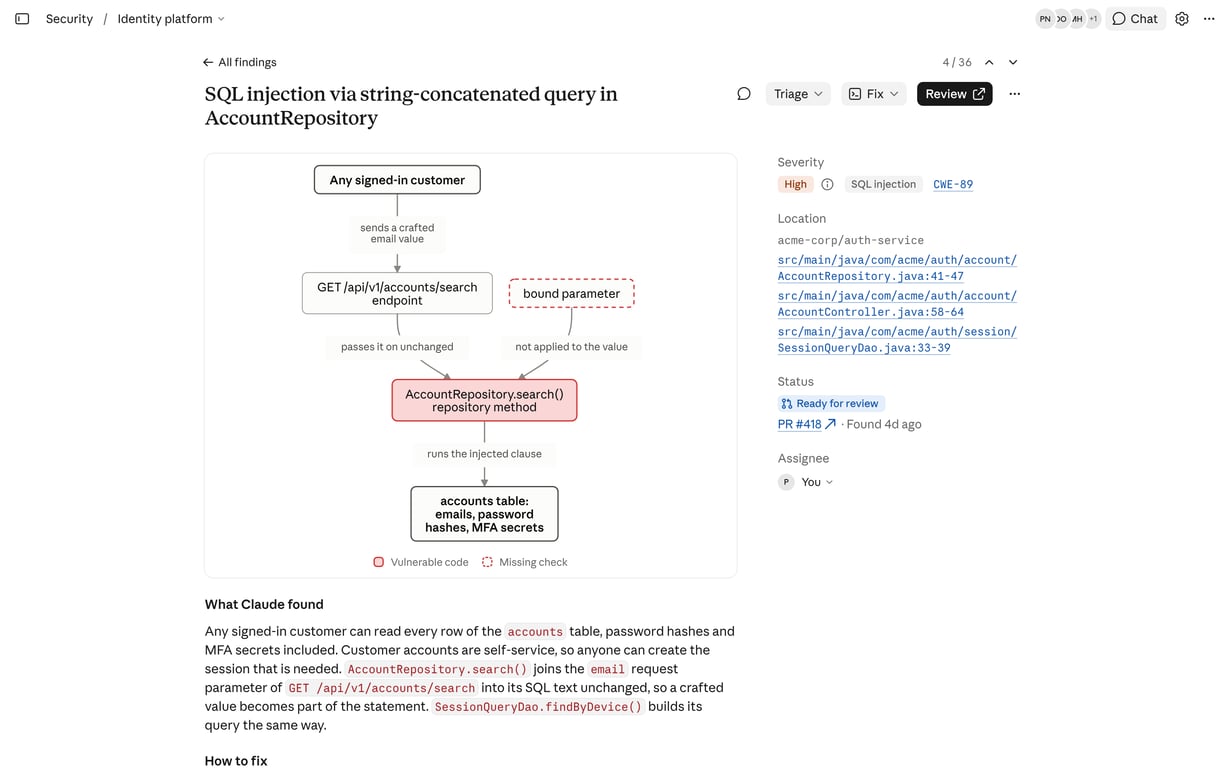 Claude Security finding for SQL injection with an attack-path diagram