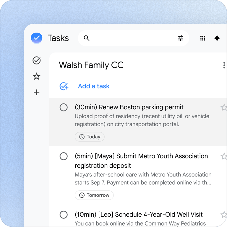 Google Tasks list for the Walsh family showing three household tasks with owners and due dates