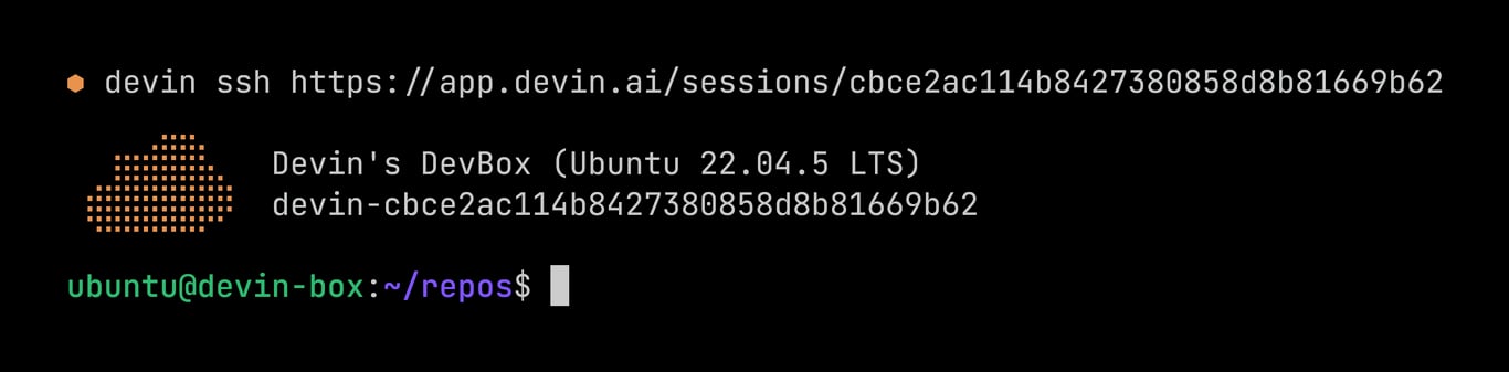 Terminal connected over SSH to a Devin DevBox running Ubuntu 22.04