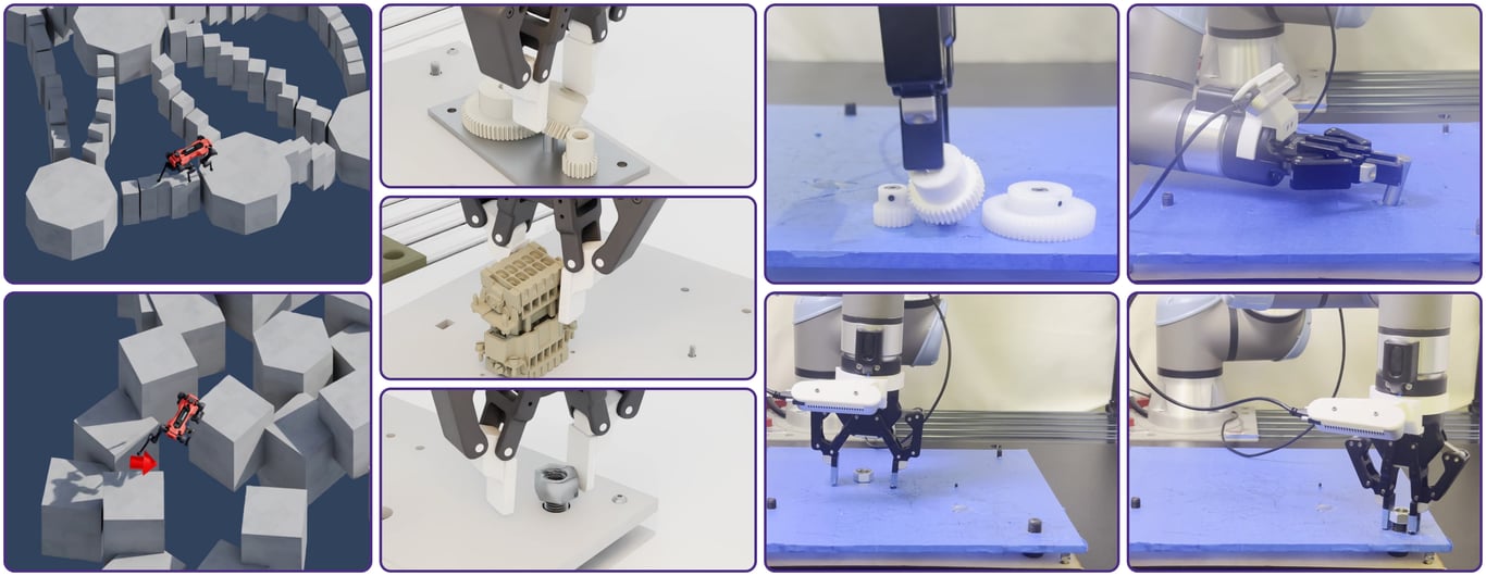 SGS results across locomotion terrains and robot assembly tasks