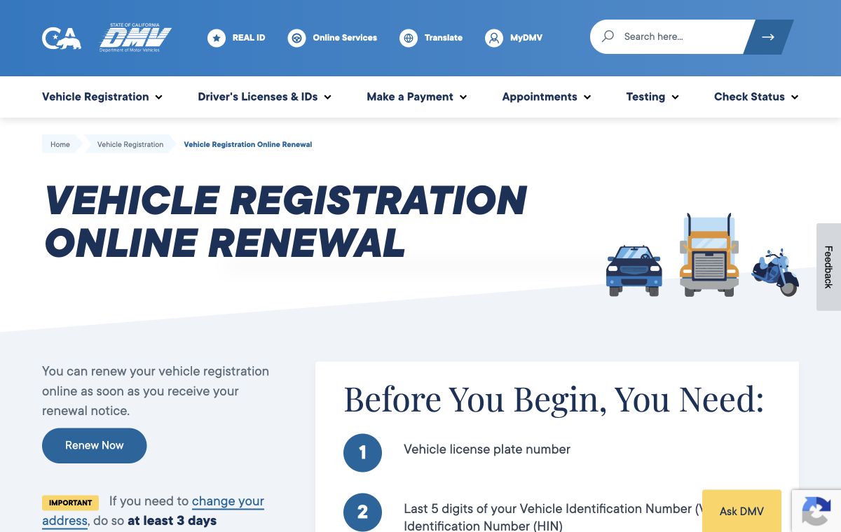 A dot's cloud browser displaying the California DMV vehicle registration renewal page.