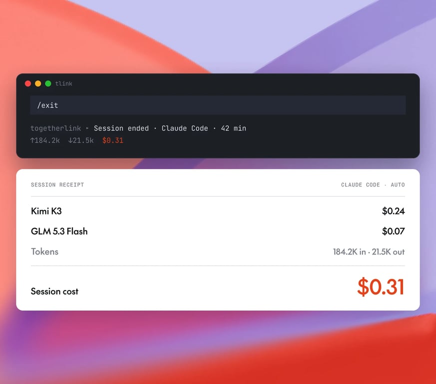 Together Link session receipt with token totals and costs for Kimi K3 and GLM 5.3 Flash