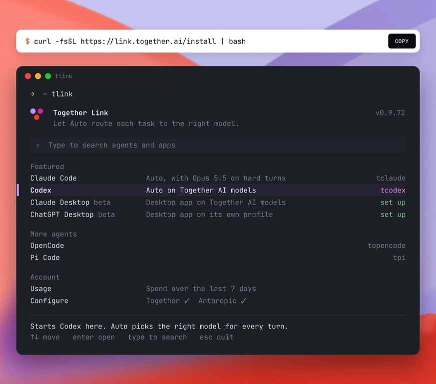 Together Link CLI listing Claude Code, Codex, and Claude Desktop as featured agents