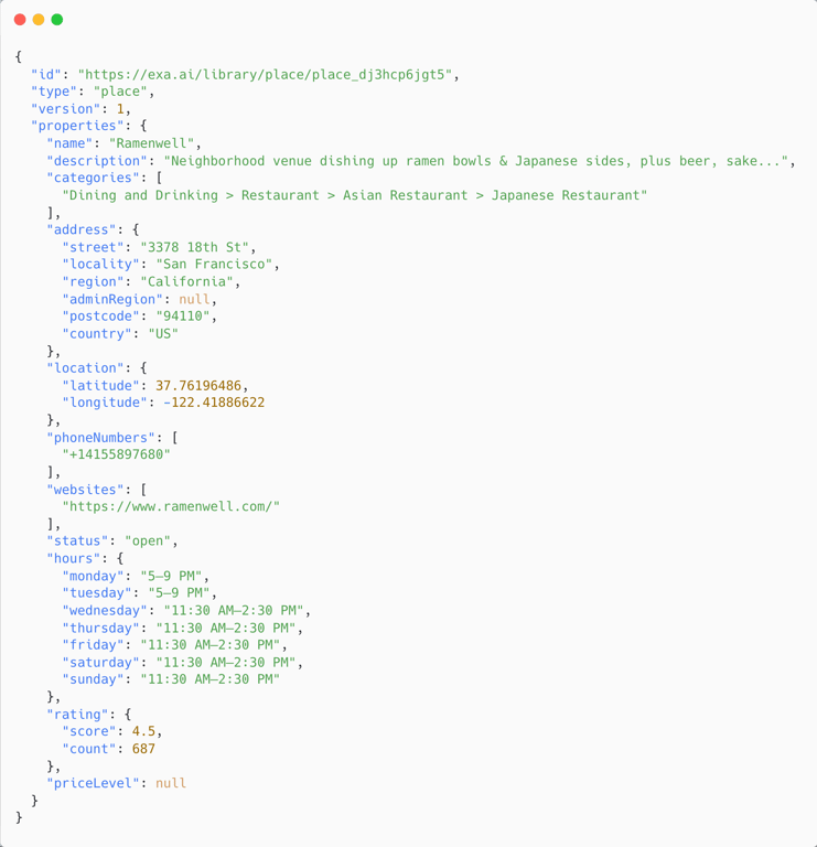 Sample Exa Places JSON response for Ramenwell
