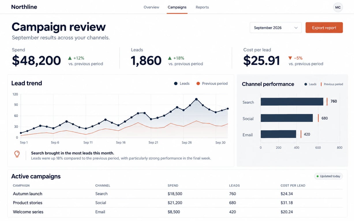 Site showing campaign performance metrics and charts