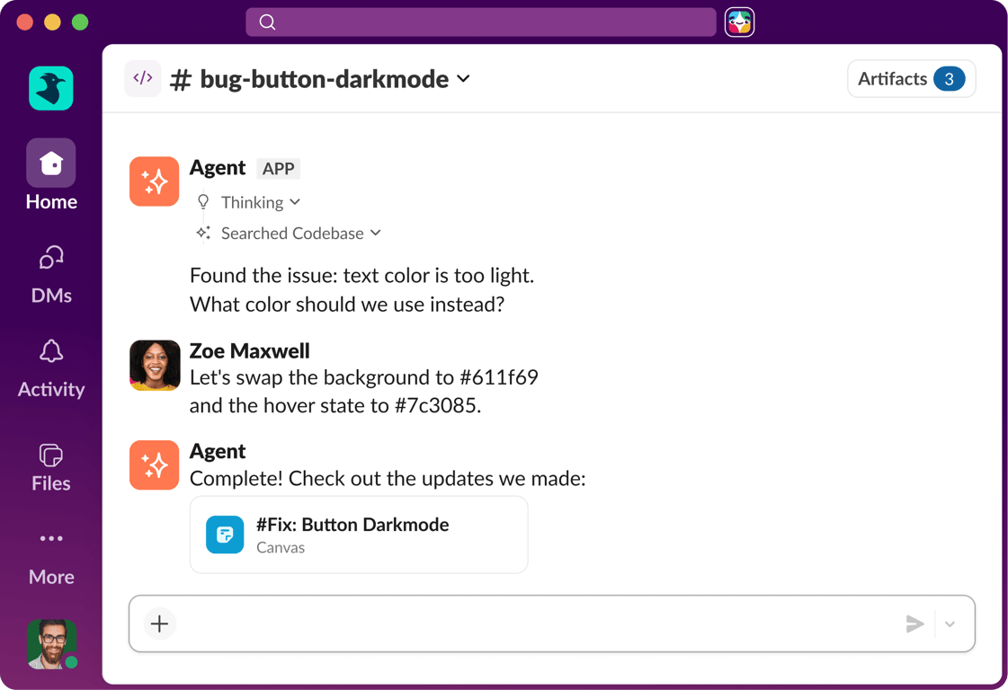 Slack Code channel showing an AI agent proposing a dark-mode button fix with a code diff