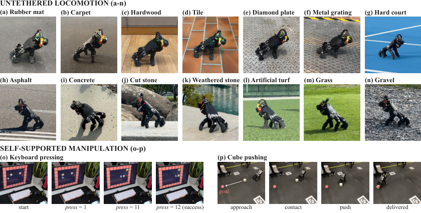 Robot hand walking across several surfaces and completing interaction tasks
