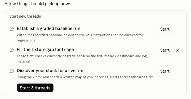 Claude Projects interface showing suggested worker threads with Start buttons