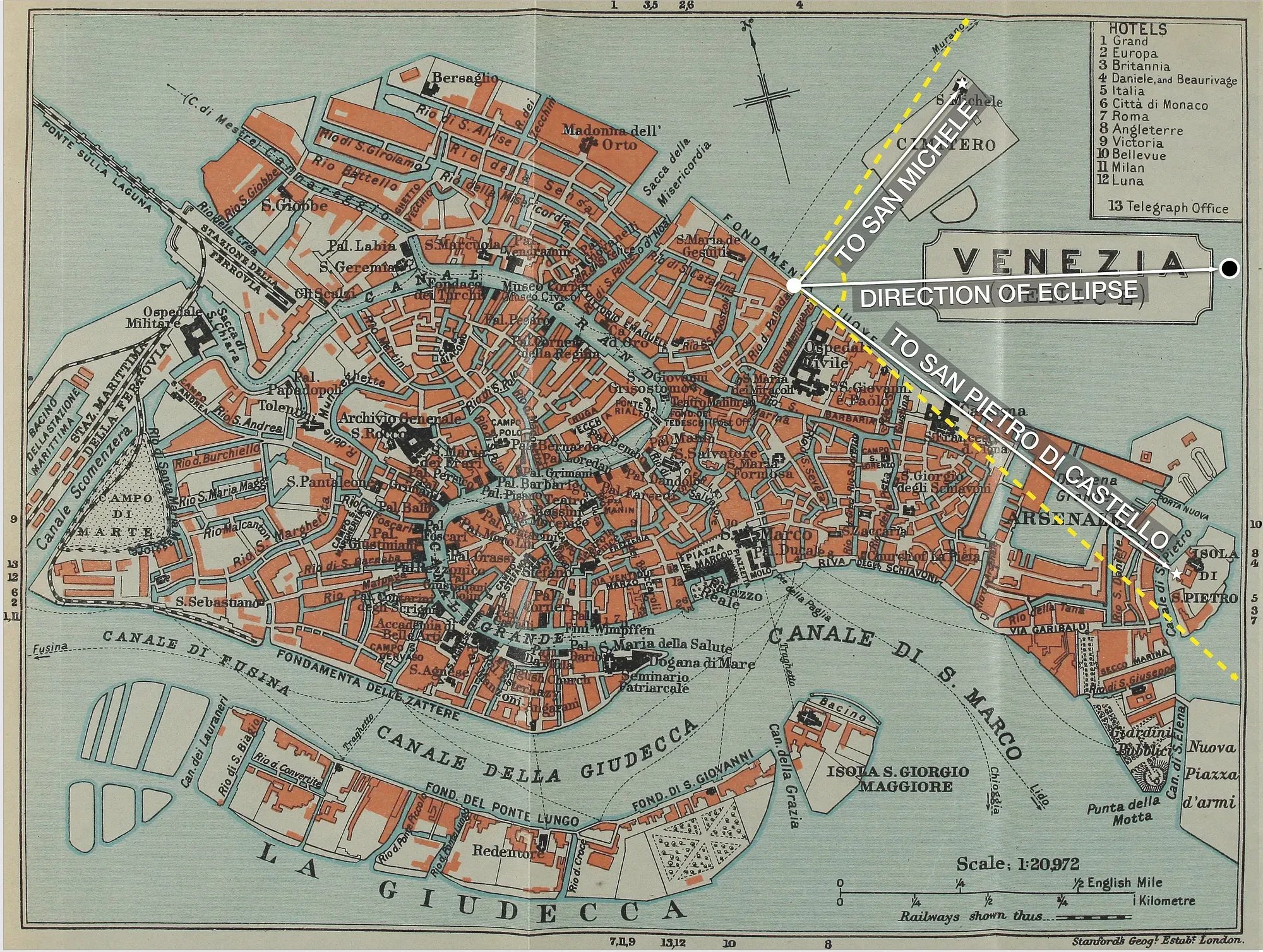 1911 map of Venice showing view point (white circle), direction of the eclipse, and the landmarks of San Michele and San Pietro di Castello