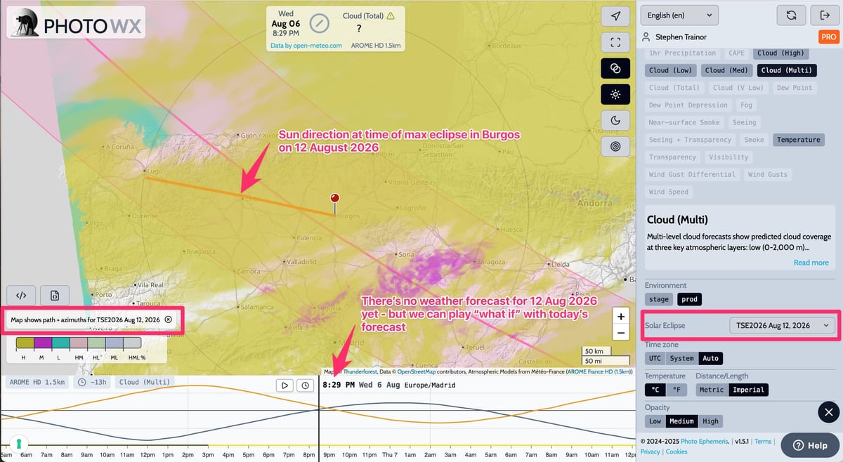 Multi-level Cloud Forecast for Aug 6 2025, plus path of Aug 12 2026 eclipse