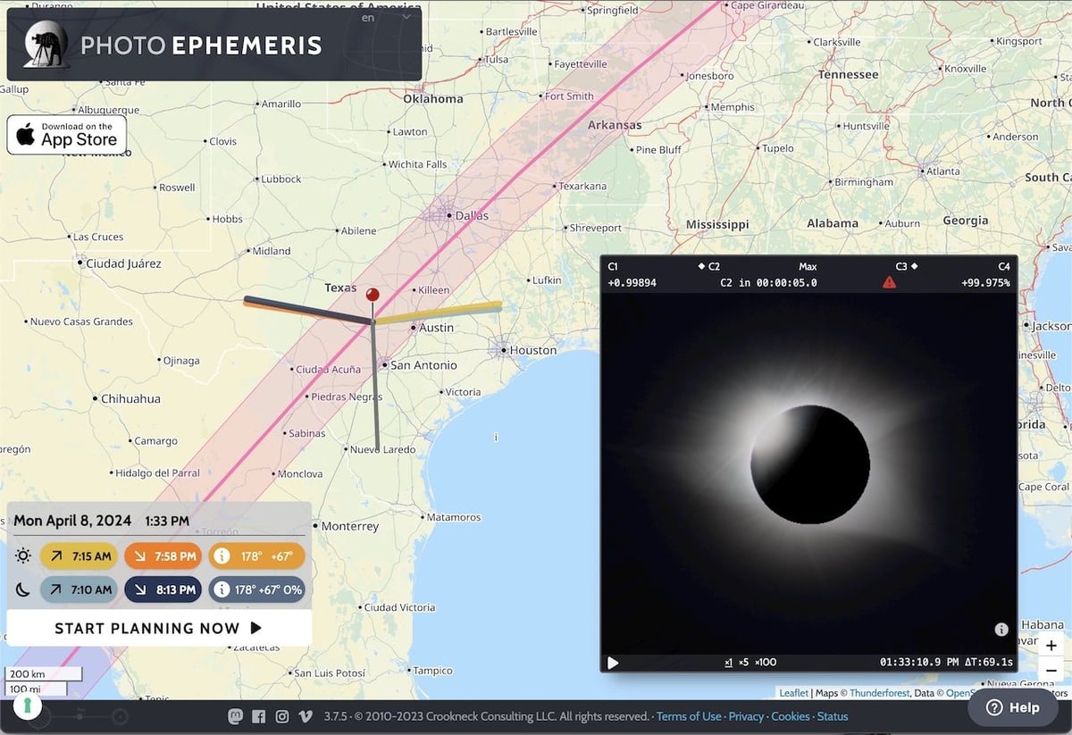 Photo Ephemeris - Total Solar Eclipse - Apr 8 2024