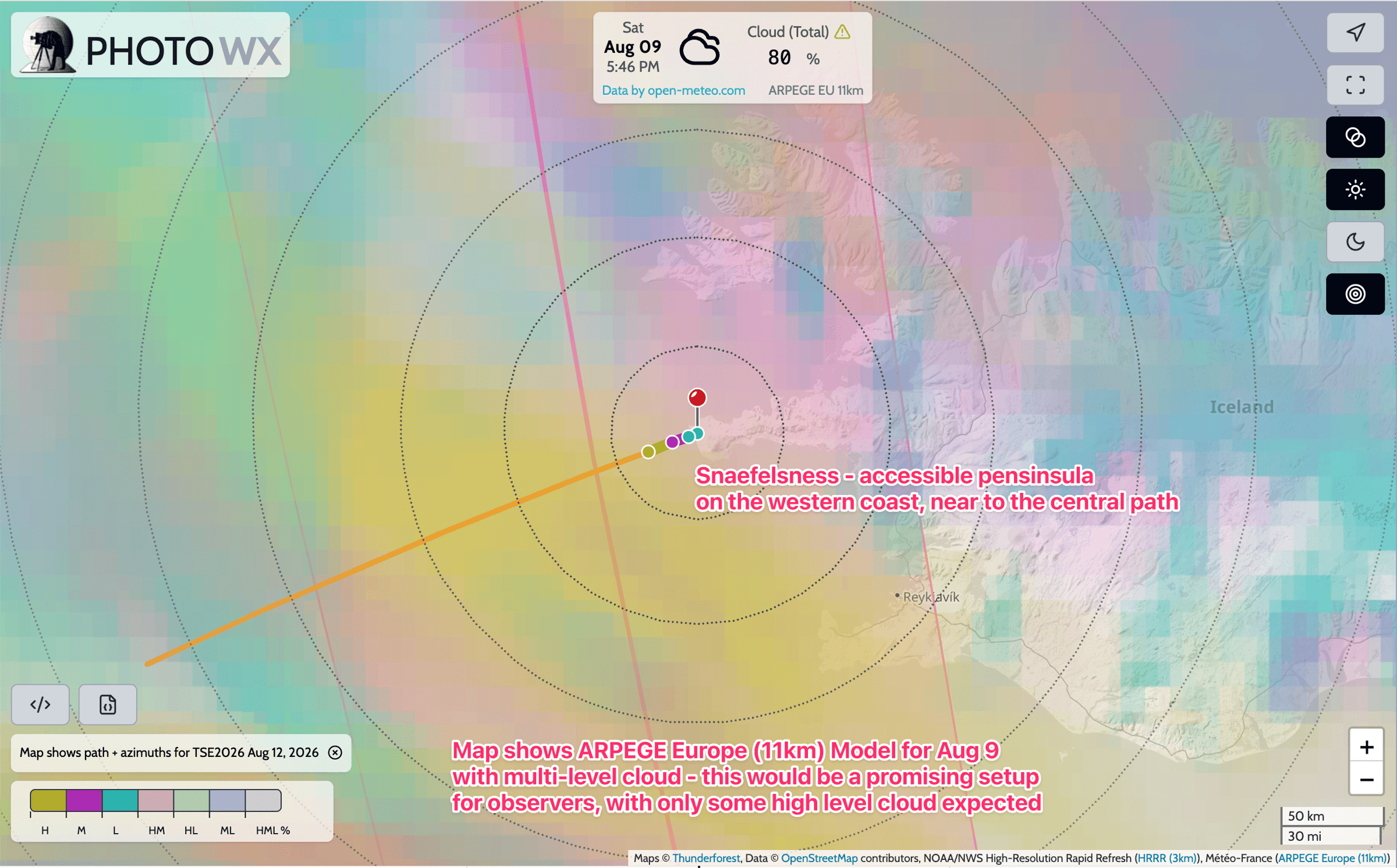 Aug 9 2025 multi-level cloud over Iceland, with path of Aug 12 2026 eclipse