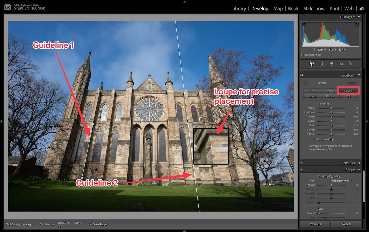 Transform Upright Guided: guideline placement